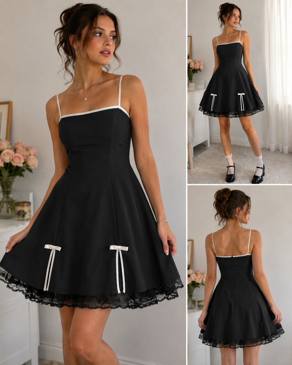 BCX Black Fit & Flare Party Dress Lace Hem Satin Bow Y2K Coquette Size 13